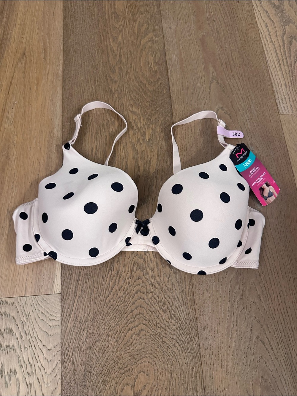 Maidenform Polka Dot T-Shirt Bra — Light Pink with Black Dots, NWT, 38D